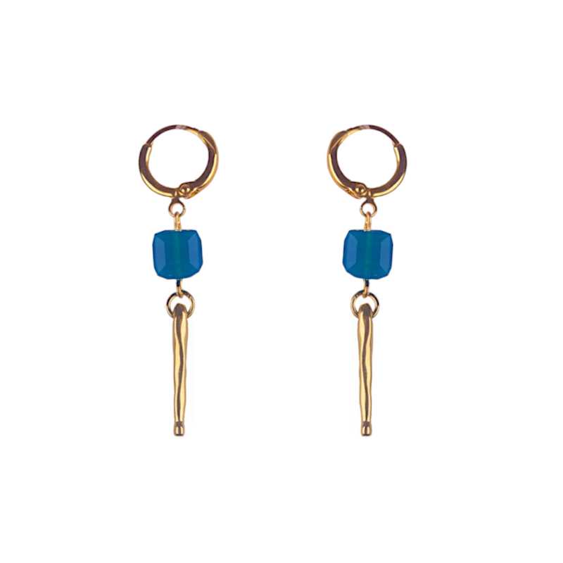 Blue and bronze drop huggie earrings