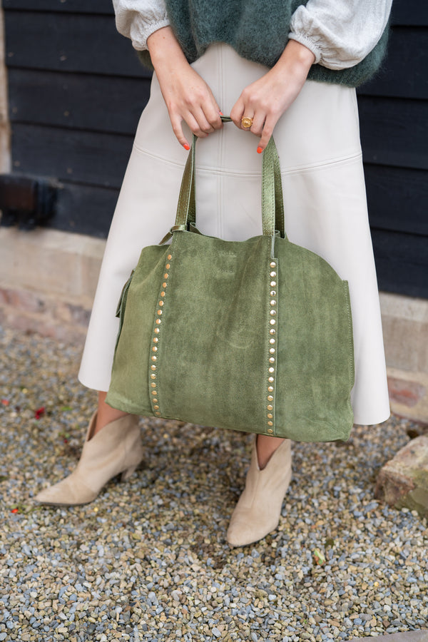 Suede tote bag with stud detail (khaki)