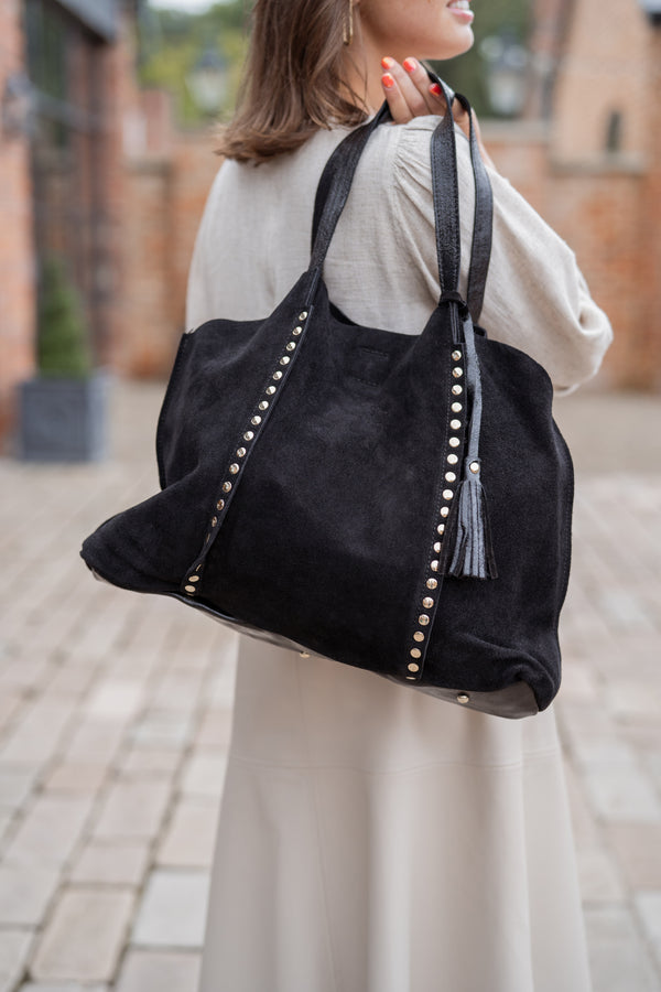 Suede tote bag with stud detail (black)