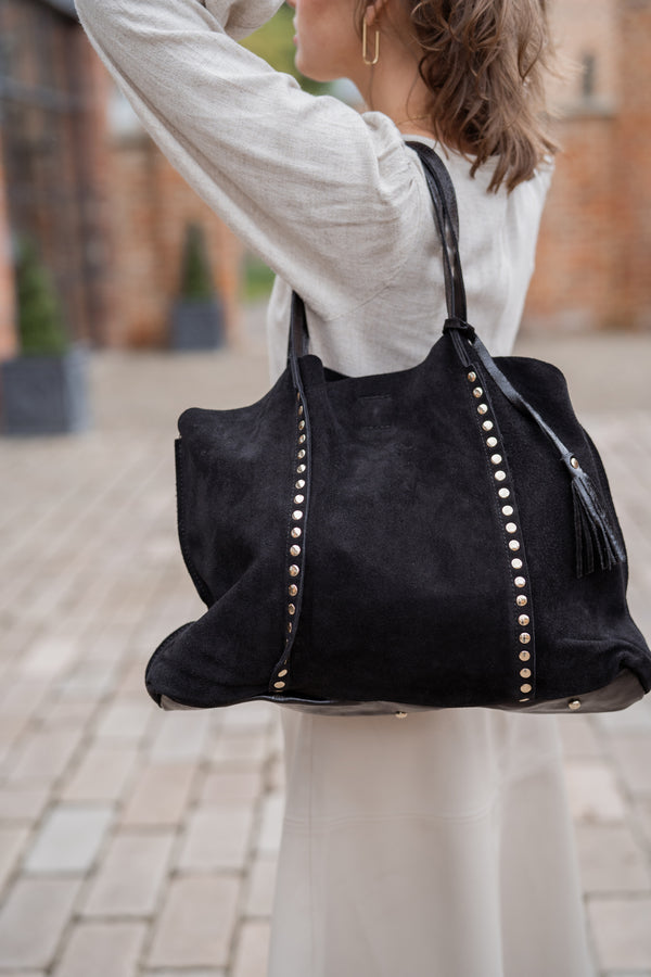 Suede tote bag with stud detail (black)