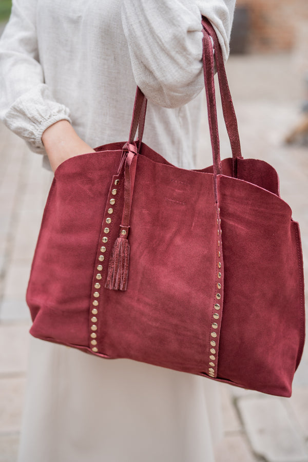 Suede tote bag with stud detail (burgundy)