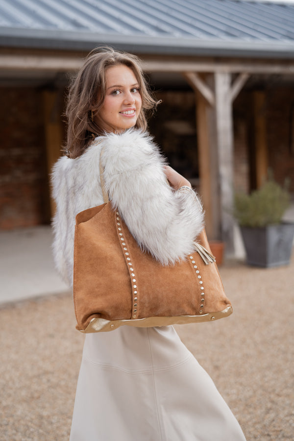 Suede tote bag with stud detail (tan)