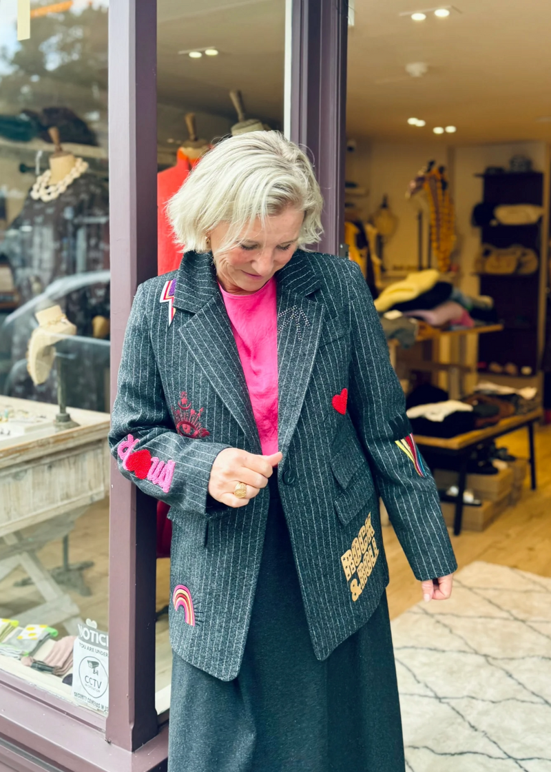 woman wearing Kate Embellished Blazer Anthracite pinstripe blazer grey with patches