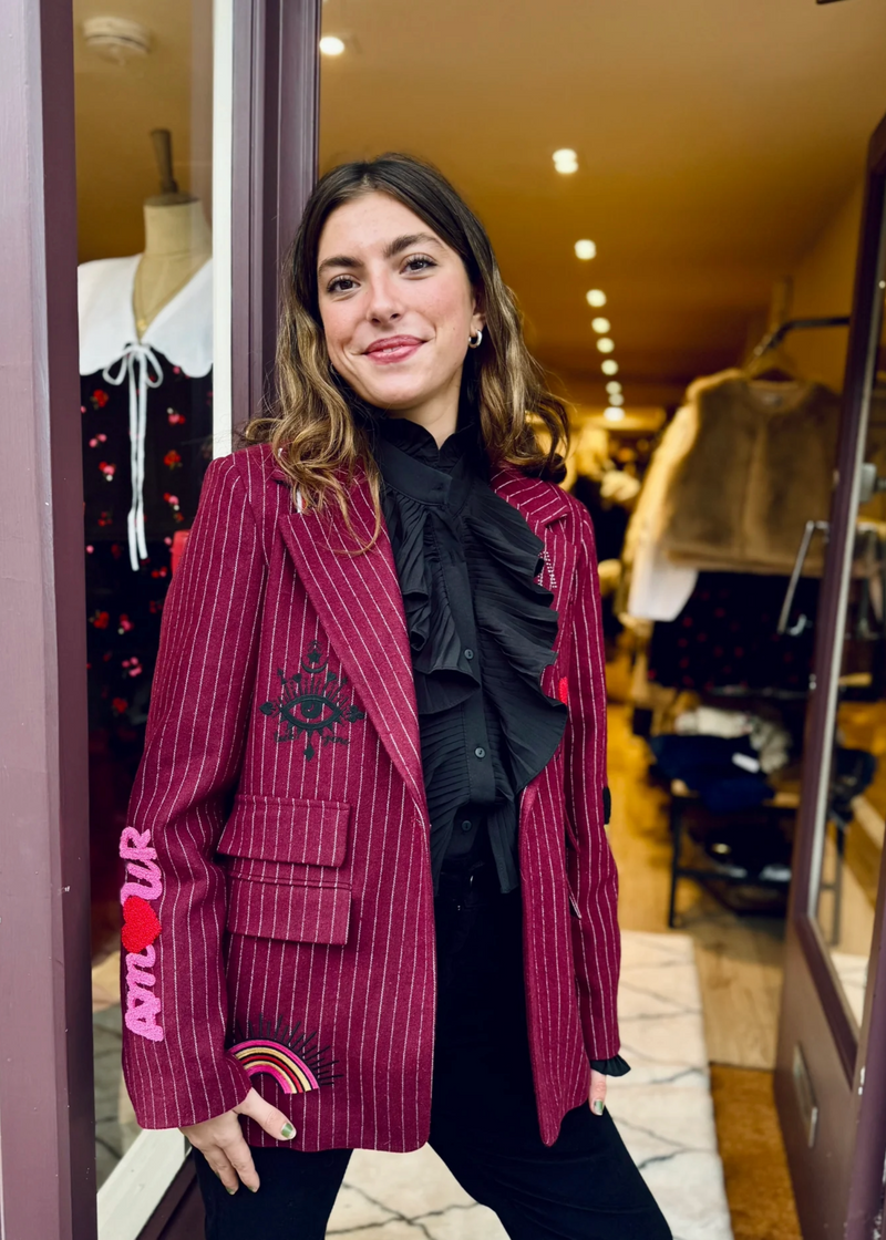 woman wearing burgundy pinstripe blazer with patches Kate Embellished Blazer Bordeaux