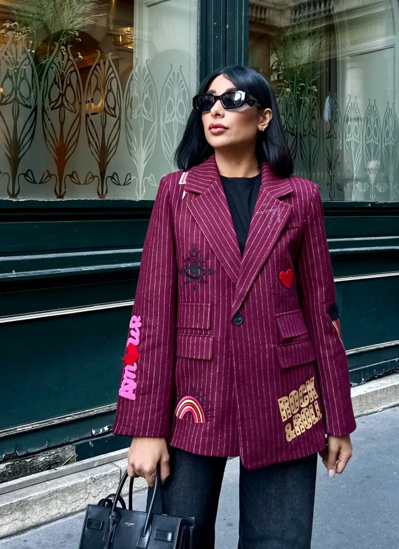 woman wearing Kate Embellished Blazer Bordeaux pinstripe blazer with patches