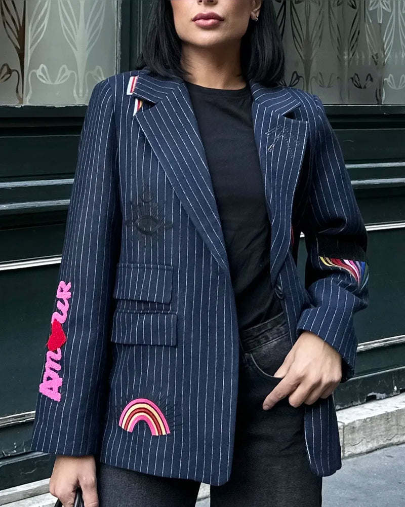 woman wearing Kate Embellished Blazer Navy close up