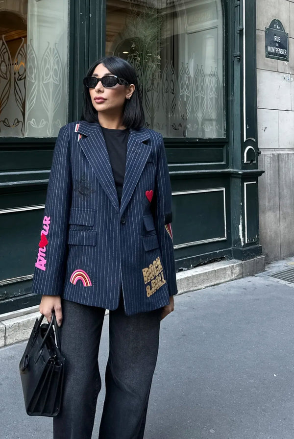 cool woman wearing navy pinstripe blazer with embroidery Kate Embellished Blazer Navy