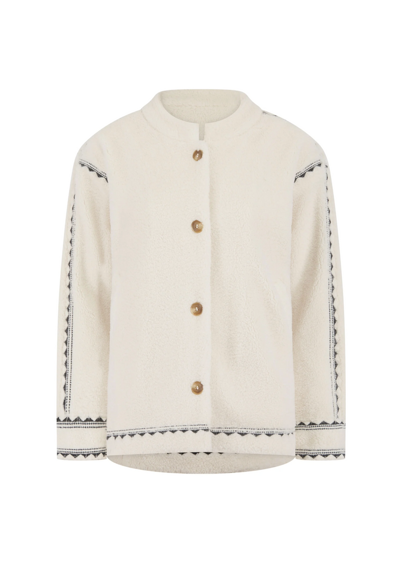 NOOKI Poppy Borg Jacket product image white swedish style jacket with contrast stitching on the sides embroidery