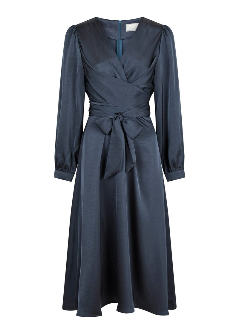 navy blue silky wrap dress