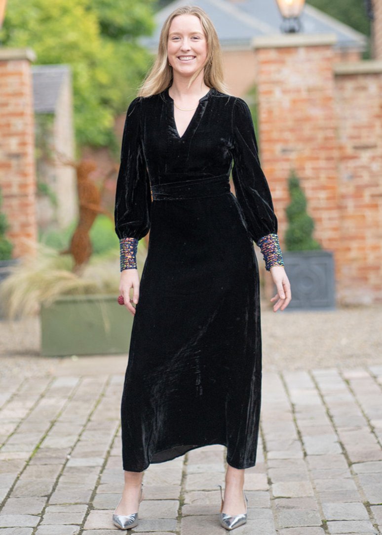 Nooki Maeve Black velvet dress with sequin sleeve 