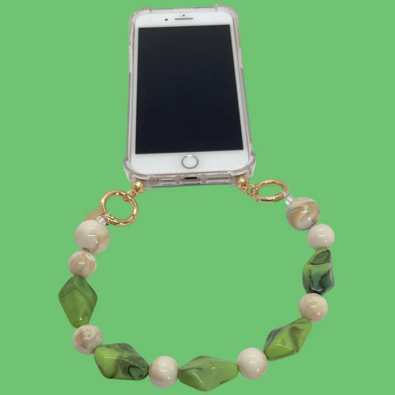 Short Phone chain for wrist (green/cream stones)