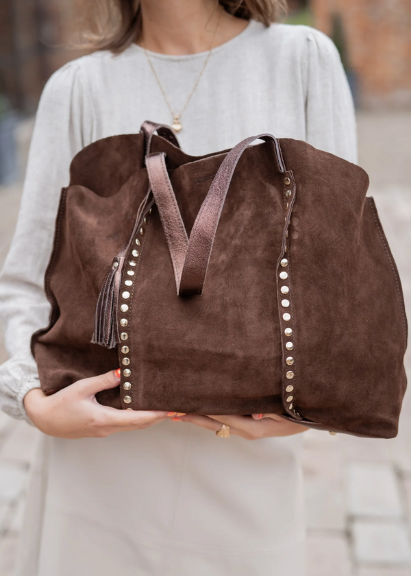 suede tote bag brown with silver stud details