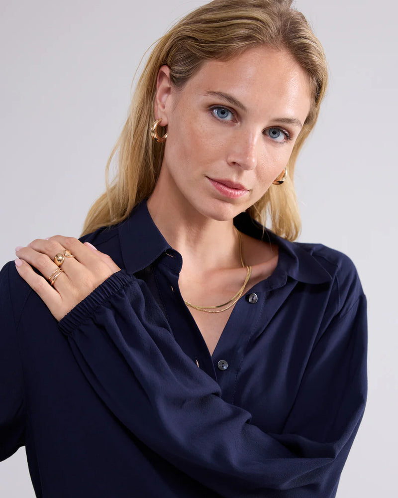 Summum Woman Navy bomber blouse close up model shoot