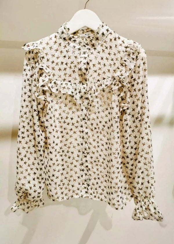 star floral black and white womens blouse shirt with ruffles